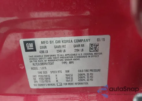 2015 Chevrolet Trax Lt from USA, damaged, VIN KL7CJLSB5FB175347